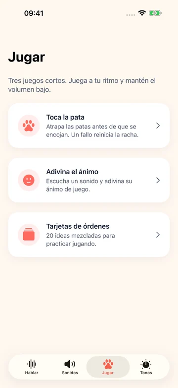 Pantalla de juegos de Human to Dog Translator: Play con patas, estados de ánimo y tarjetas