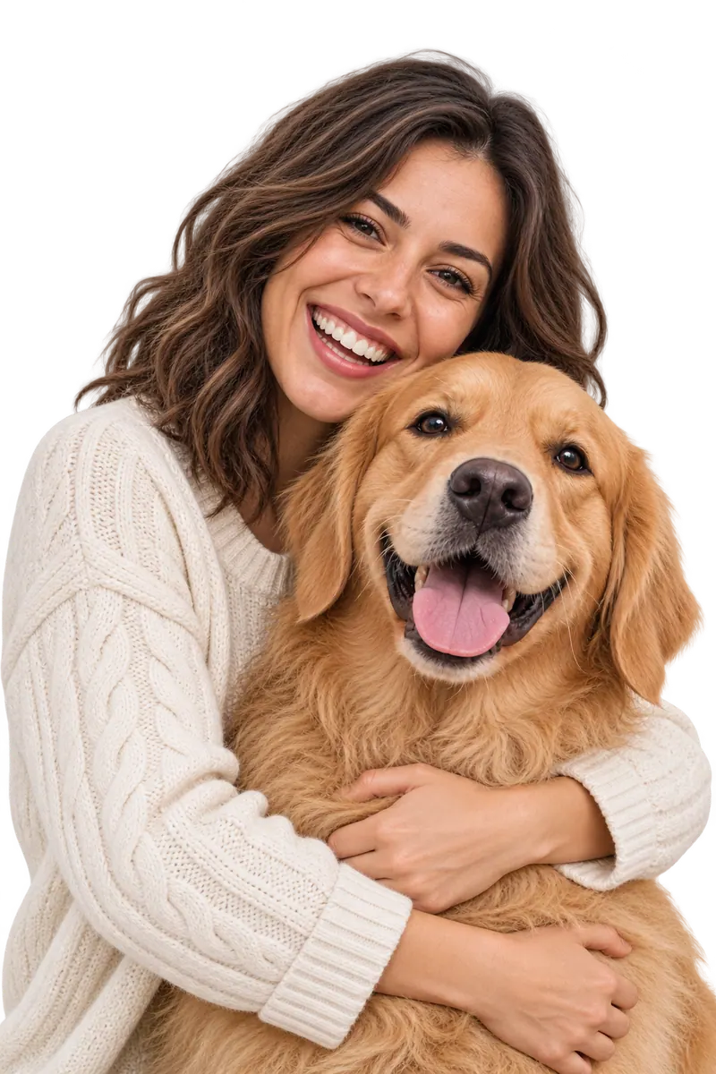 Una mujer abrazando a un golden retriever en un momento tranquilo