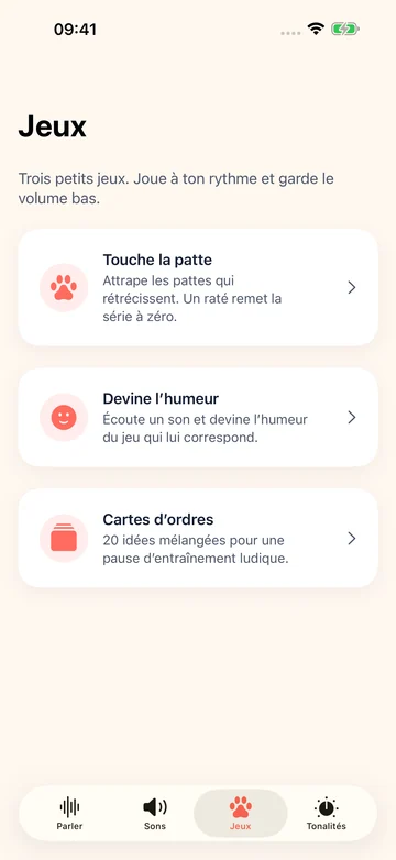 Écran de jeux Human to Dog Translator: Play avec pattes, humeurs et cartes de commandes