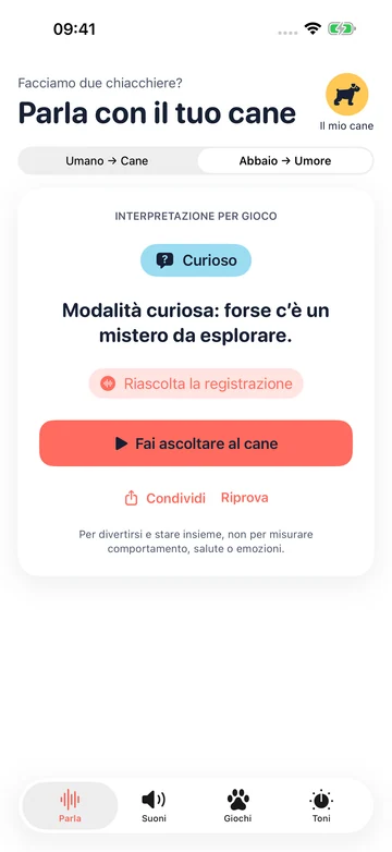 Interpretazione giocosa di un abbaio con un umore suggerito in Human to Dog Translator: Play