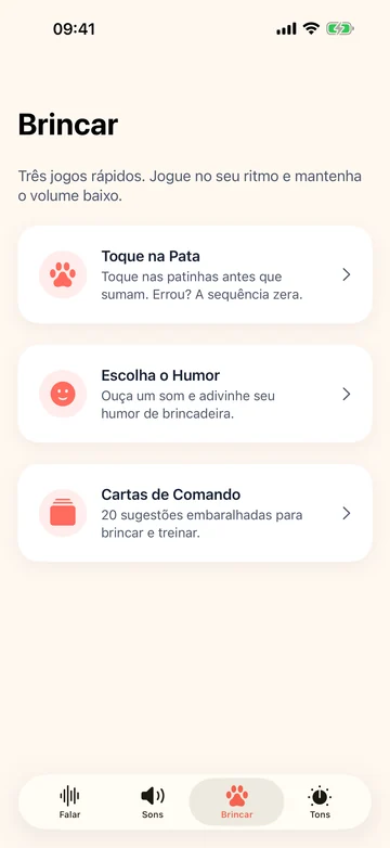 Tela de jogos do Human to Dog Translator: Play com patas, humores e cartas de comando